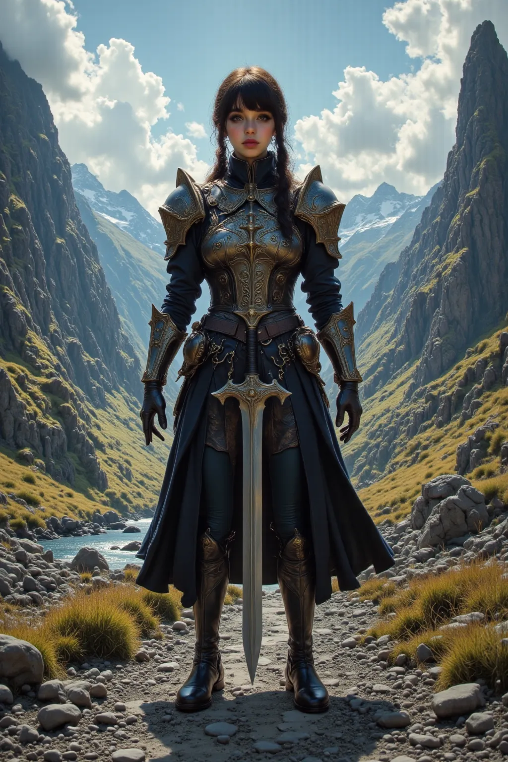 A scene where a woman in reinforced armor wields a huge bayonet and stands in a place with a view of mountains and rivers, Realistic, detailed detail, 4k resolution, Photorealistic texture, Professional lighting and shadow effects, FANTASY STYLE, Digital p...