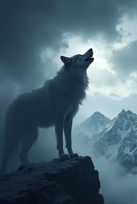 Dark storm clouds took the form of a howling wolf in the sky ( blend in the wolfs body with the clouds add in some snowy mountains in the background and make the clouds more layered and blend the wolf better with the clouds the wolf should be a part of the...