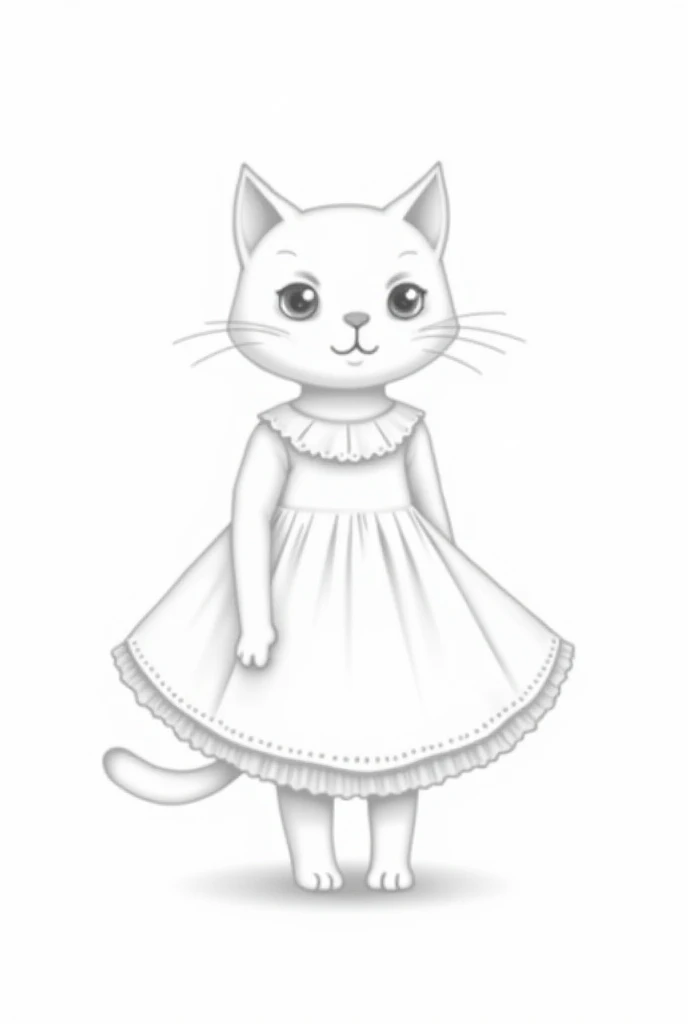 Drawing of a cat in a girl's dress, The cat is standing on two legs and the tail comes out under the dress. The cat is looking slightly upwards. The drawing is in black and white in line and pointillism