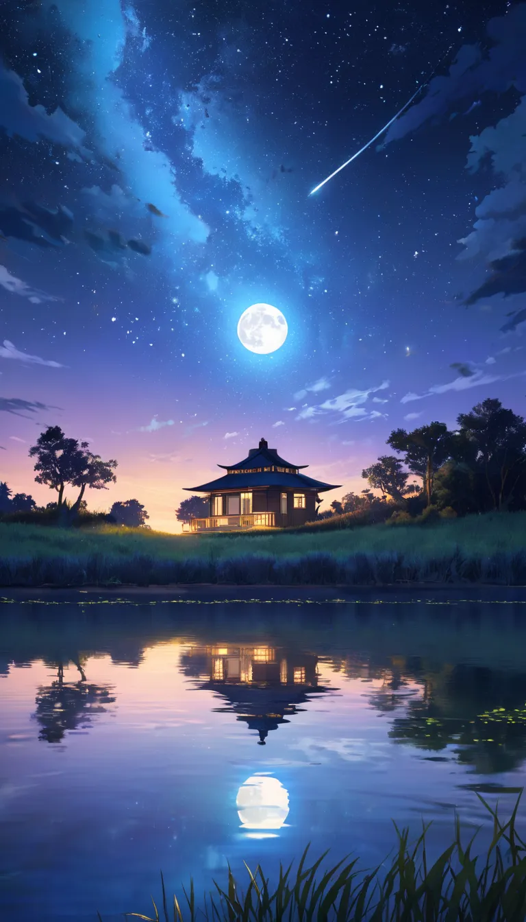 Basic background: A peaceful, expansive landscape, with the central focus on a clear, starlit night sky. The scene is set by a calm body of water, reflecting the night sky and the bright, full moon. The sky is filled with stars, with some larger and bright...