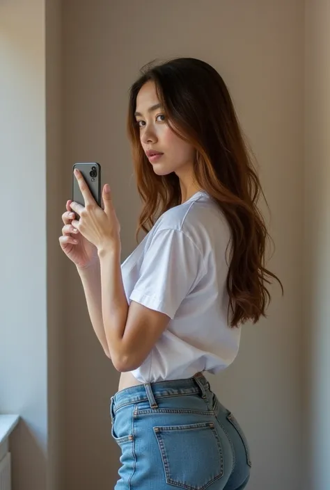 She&#39;s a girl, jeans,  white t-shirt, full body, pose natural, HIS RIGHT HAND IS HOLDING AN IPHONE 13 PRO, TAKING A PICTURE IN FRONT OF THE MIRROR IN YOUR LIVING ROOM, HIS LEFT HAND TOUCHES HIS FACE OVAL FACE,  Realistic, White-skinned woman, smooth ski...