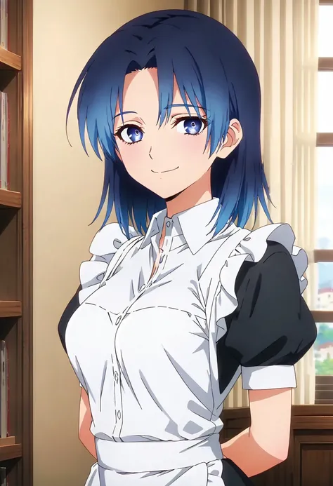 (anime screencap, masterpiece, best quality), Intricate details, indirect lighting, upper body, (Focus on the breasts), looking at viewer, sitting, full body, 1girl, medium breasts, blue hair, blue eyes, maid, smile, indoors