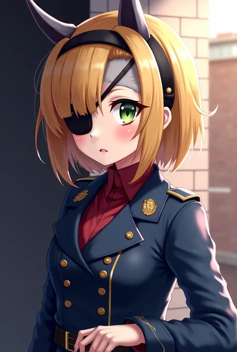 Image is a digital illustration featuring an anime-style character with a focus on detailed face and body features. The character is a young girl of about 20 years old. The character has short, blonde hair with a side-swept fringe, partially covering one e...