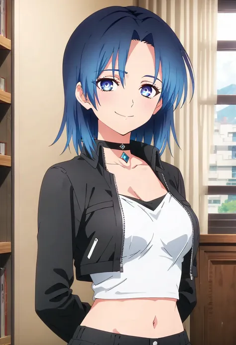 (anime screencap, masterpiece, best quality), Intricate details, indirect lighting, upper body, (Focus on the breasts), looking at viewer, standing, 1girl, medium breasts, 
BREAK blue hair, blue eyes, choker, cropped jacket, black jacket, white shirt, midr...