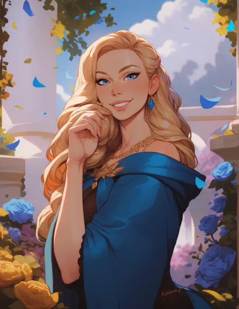 1girl, female, solo, portrait, female focus,
Blonde hair, blue eyes, long hair, light skin, smile,
looking at viewer, outdoors,
beautiful, blue cloak, gold inlay, earrings,
BREAK, curvy, full body, broad hips, 
score_9, score_8_up, score_7_up, score_6_up, ...