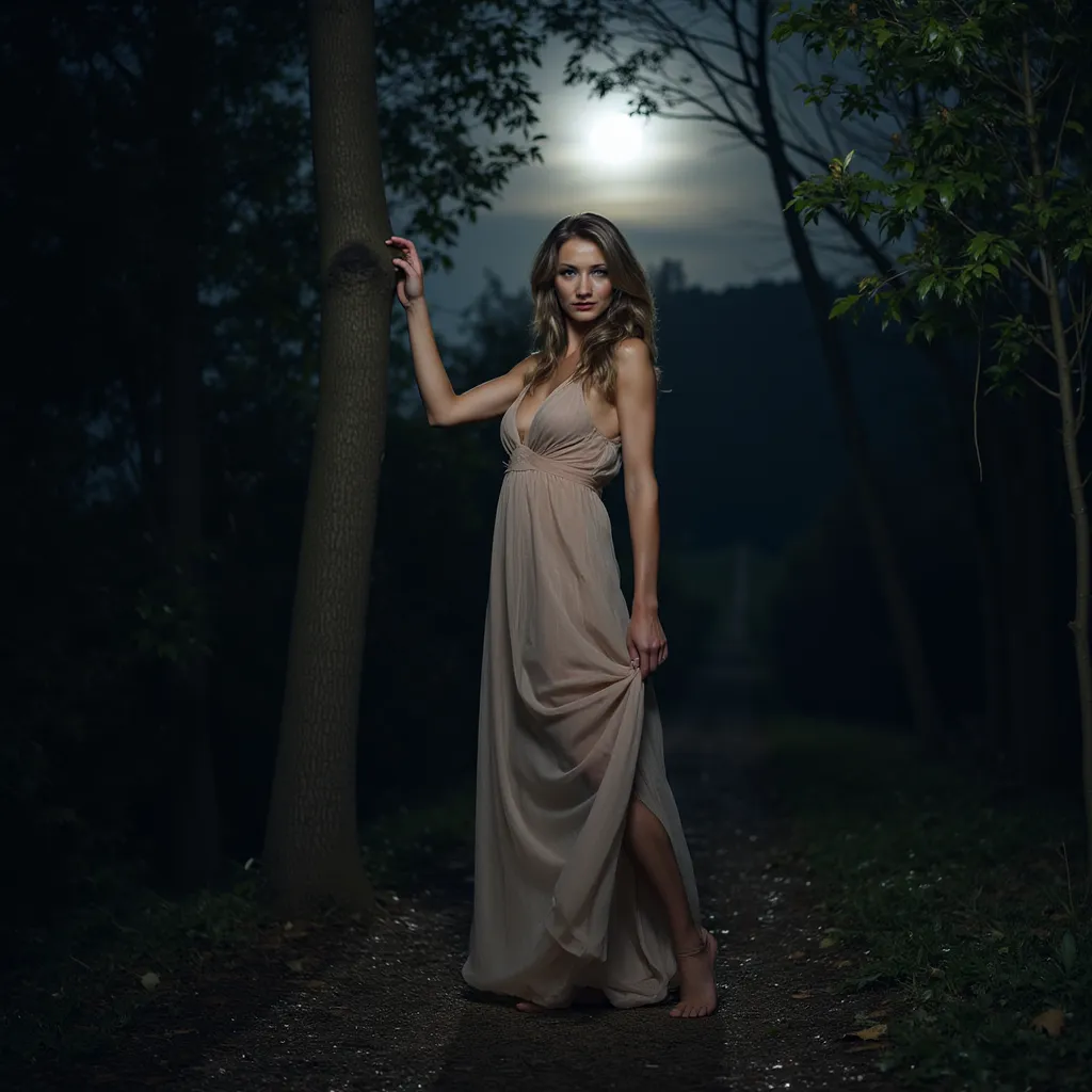 A full-body cinematic portrait of a woman standing barefoot on a narrow forest path under the glow of the full moon. The silvery light reflects off the leaves, casting intricate shadows across the ground. She wears a delicate, long flowing dress that shimm...