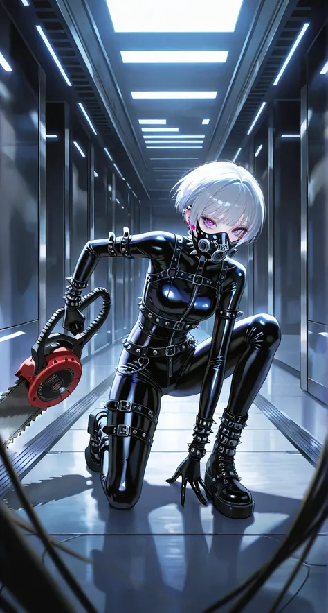 woman focus, cool beauty  girl, short hair, multi-colored leather bodysuit, punk fashion, wearing Bizarre gasmask, iron corridor, grab a electric saw, on one knee, happy mind,