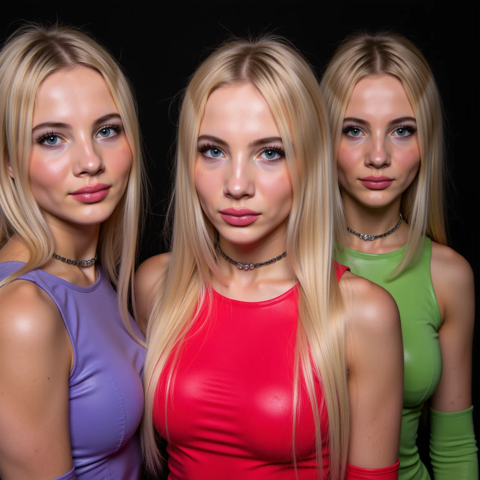   . 3 very young and cute Ukrainian girls with long hair  , albino,   beautiful eyes ,    full lips,    full lips, braces, stupid nose,  pale skin,  flat chest , with an elegant and sophisticated touch ,   that matches their mysterious and strong personali...