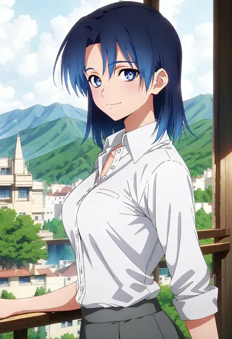 (anime screencap, masterpiece, best quality), Intricate details, indirect lighting, upper body, (Focus on the breasts), looking at viewer, sitting, full body, 1girl, medium breasts, (covered nipples:0.7), blue hair, blue eyes, school uniform, outdoors