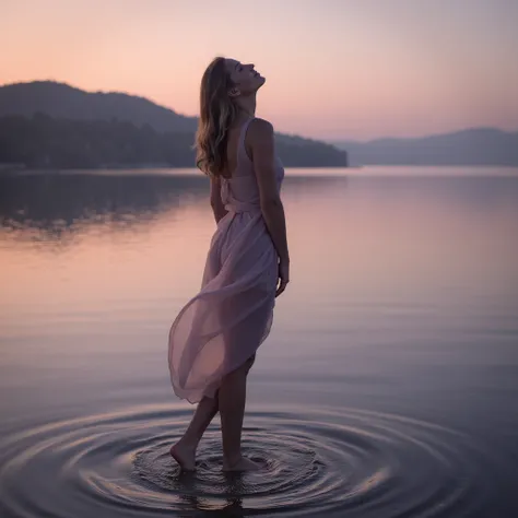 A full-body cinematic portrait of a woman standing at the edge of a tranquil lake as twilight sets in. The water is calm, reflecting the fading hues of pink and purple in the sky. She wears a simple, elegant dress that clings to her frame, its soft, flowin...