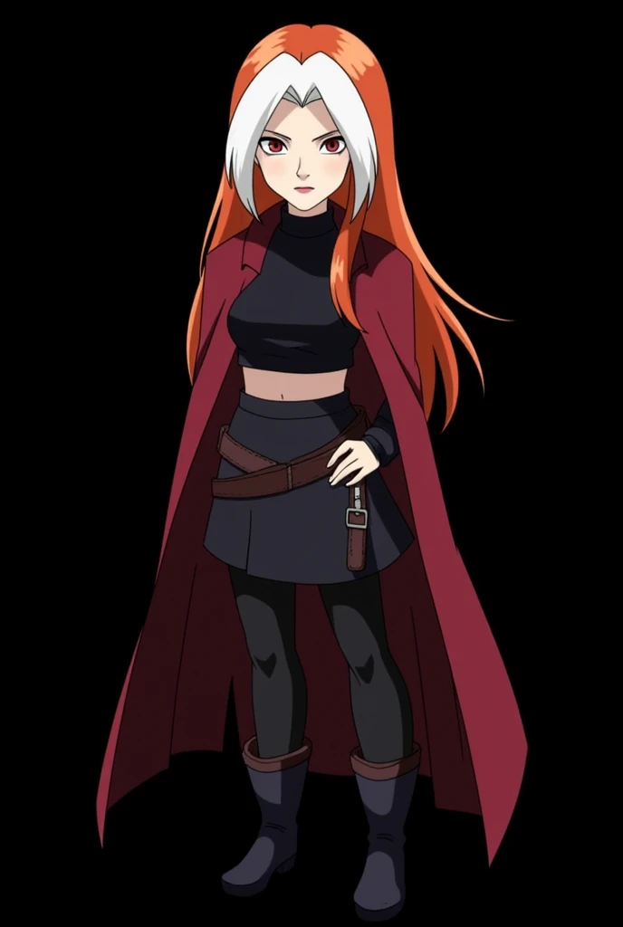  Female character of an 18-year-old girl designed for the Boruto universe: Naruto Next Generarions, in the style of Masashi Kishimoto ,  Aparência:

Age: 18 anos

 Aparência:

 Hair:  long and flaming ,  with an intense orange tone that seems to shine in t...