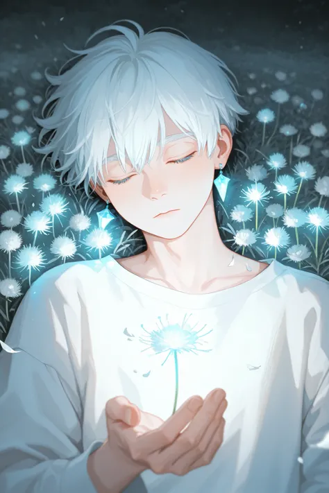 13years old boy with blue eyes, sleeping in a field felld with white dandelion flowers, with white short hair and wearing white selves shirt, and tiny crystal earrings, some few tiny dandelion petals flying around, sketchy, dream aesthetic, glowing light,...