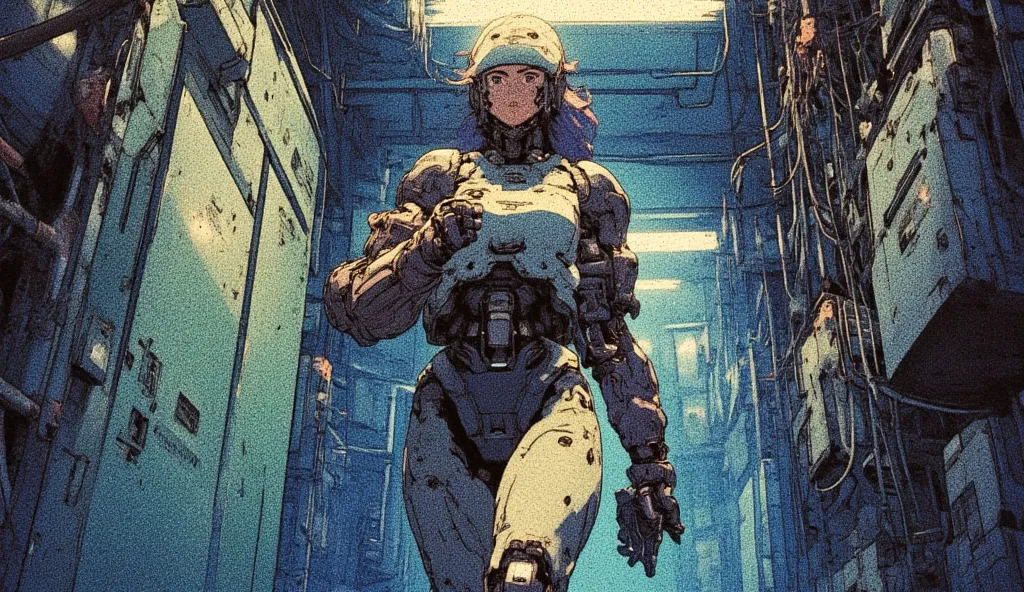 Cyborg woman in tactical suit walking down abandoned laboratory corridor, flashing lights, obsolete technological equipment, dusty environment,  hanging cables , classic anime style cyberpunk,  cold tones 