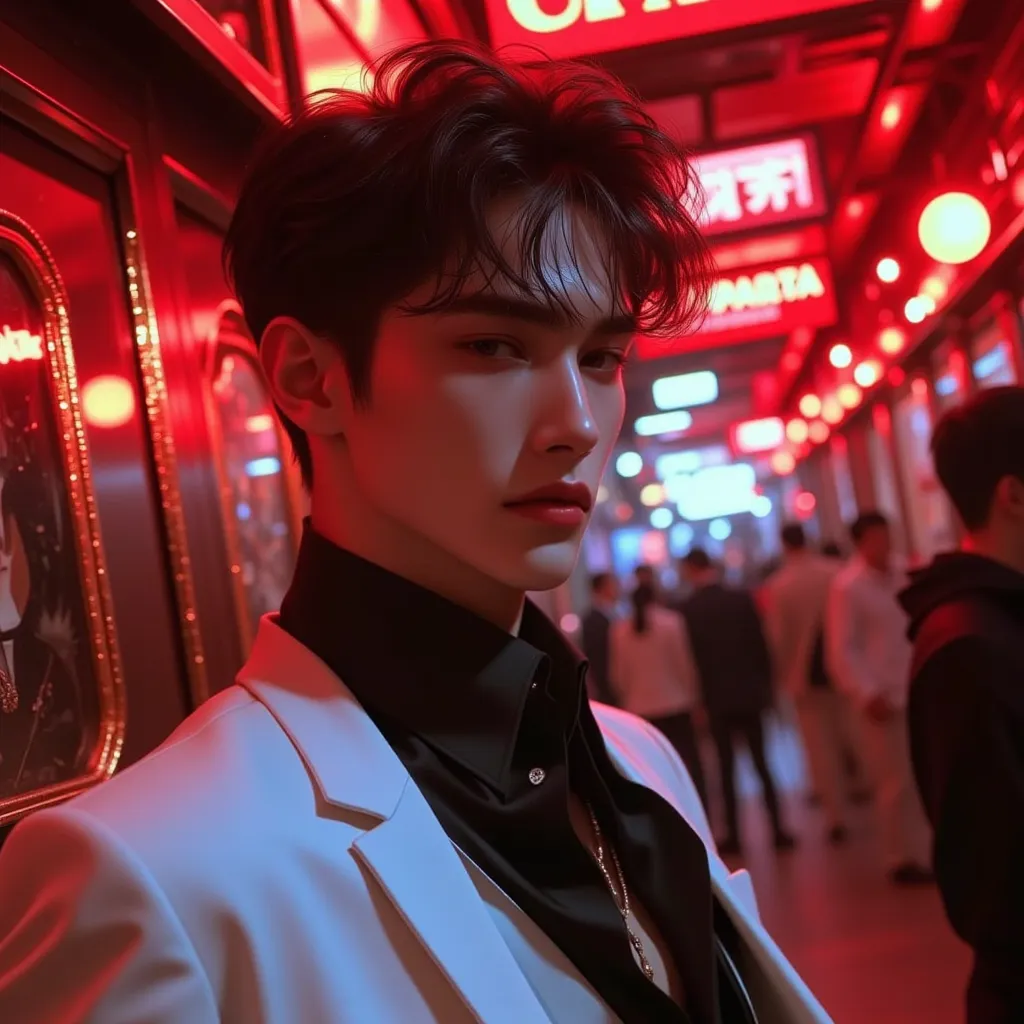 photography, male model dressed in an white suit and black shirt, positioned amidst a vibrant night street, displaying a vivid palette of red hues that captivate the eye, complementing his relaxed yet sophisticated attire, lighting is dramatic and cinemati...