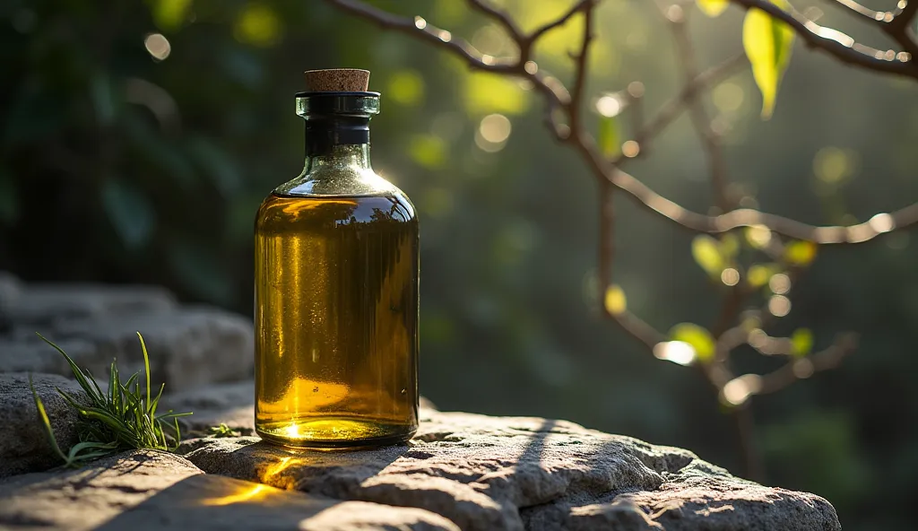 An oil glass bottle, naturally folding and conforming to the uneven surfaces of the stones, illuminated by hard light with sharp shadows from branches and leaves, in a minimalist and sober setting. Captured with a Nikon D850 and Telephoto Lens from a low a...