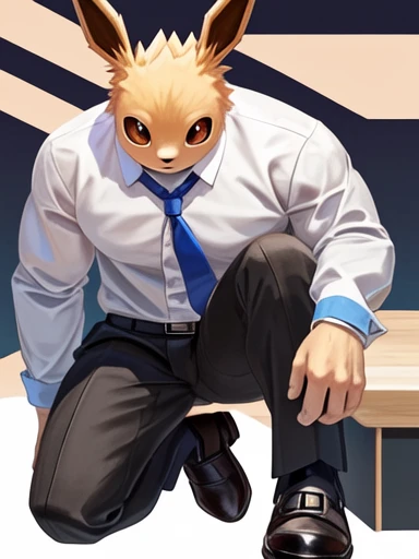 stuffed small animal wearing in a suit and tie on bed, no humans, male focus, long sleeves, formal, small head, large body, white shirt, broad shoulders, winter scene, leaning forward, tight clothes, tight shirt, thick chest, necktie, Pokemon(creature), bi...