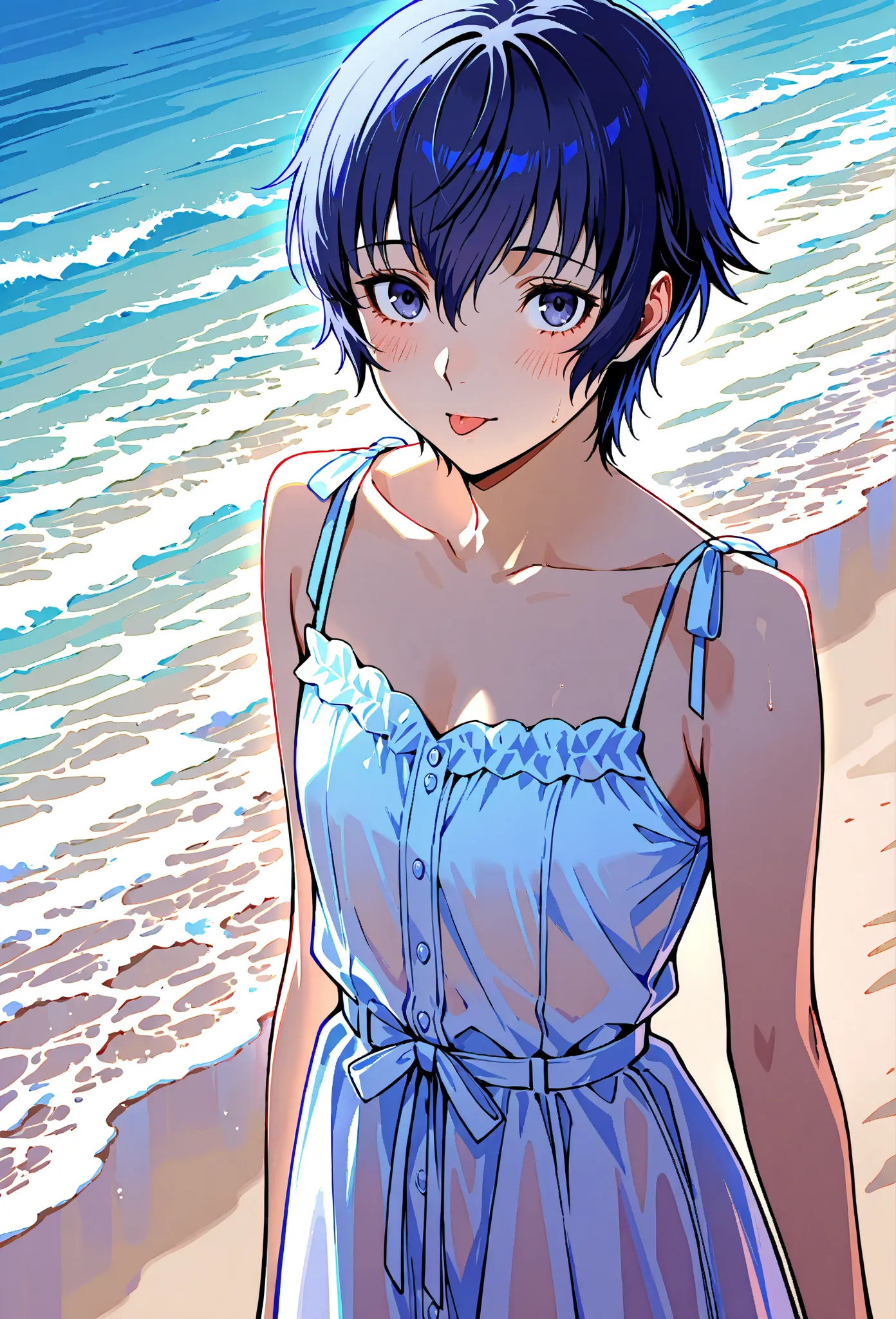 (masterwork, masterpiece, best quality, hyper-detailed :1.2),
1 girl, solo, cute face,
p4naoto, shirogane naoto, blue hair, short hair, androgynous, blush, beach, sundress