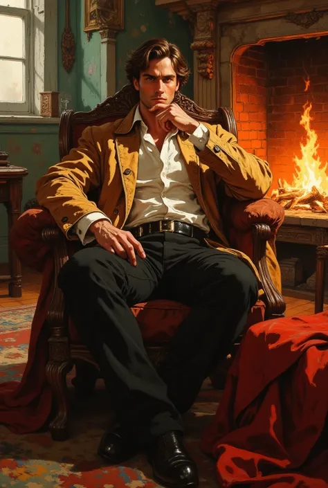 oil painting, man 22 years old, brunette, historical costume, black pants, sitting in a chair, dynamic pose, fire in fireplace, background of a bright luxurious fantasy office, light, large strokes, bright spots, high quality details