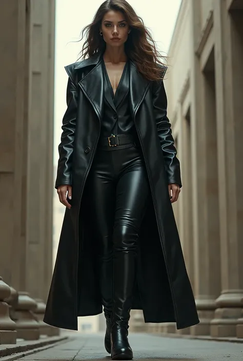 Create a woman in a leather coat and leather boots. Woman is like a giant, We are small and look up at the woman from the ground.