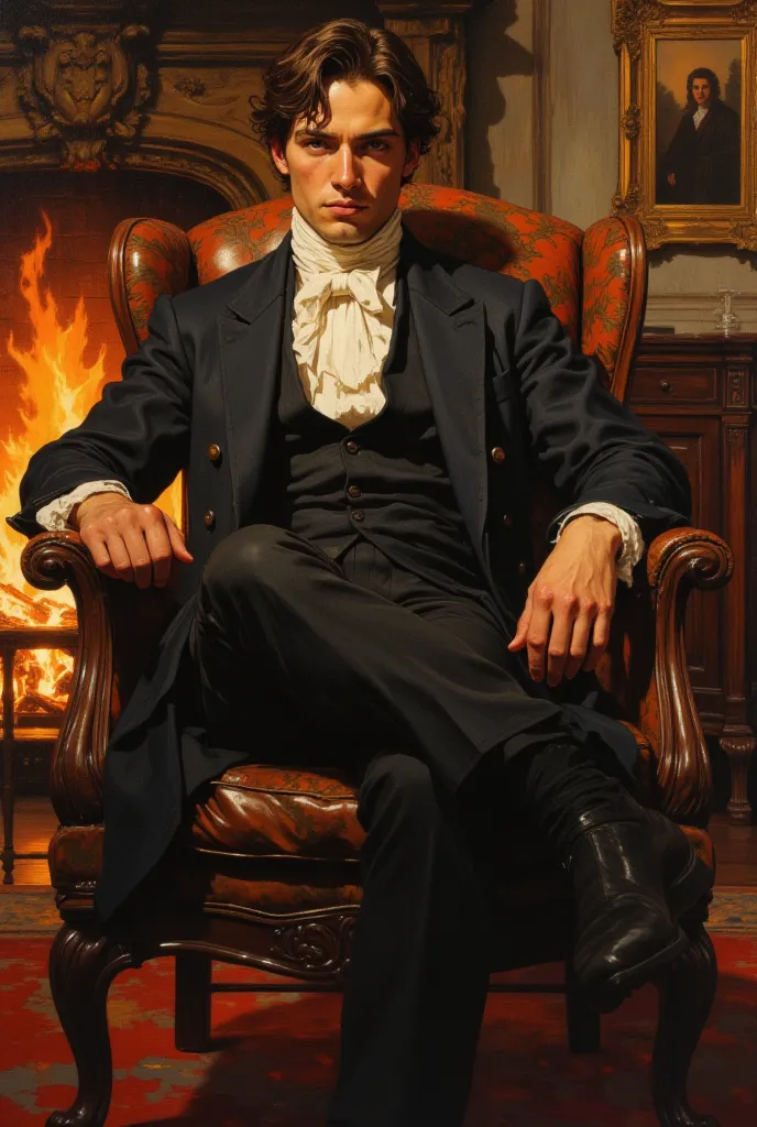 oil painting, man 22 years old, brunette, historical costume, black pants, sitting in a chair, dynamic pose, fire in fireplace, background of a bright luxurious fantasy office, light, large strokes, bright spots, high quality details