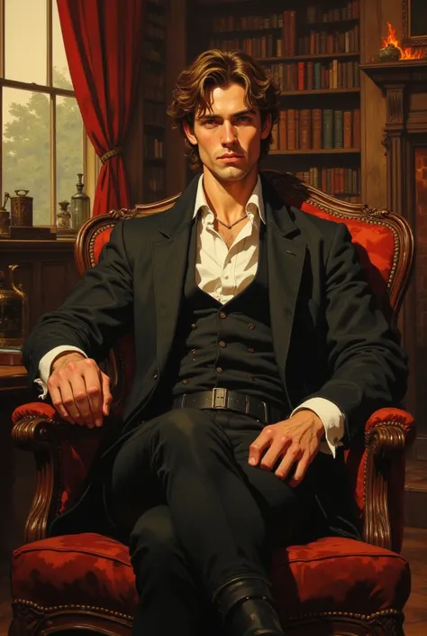 oil painting, man 22 years old, brunette, historical costume, black pants, sitting in a chair, dynamic pose, fire in fireplace, background of a bright luxurious fantasy office, light, large strokes, bright spots, high quality details