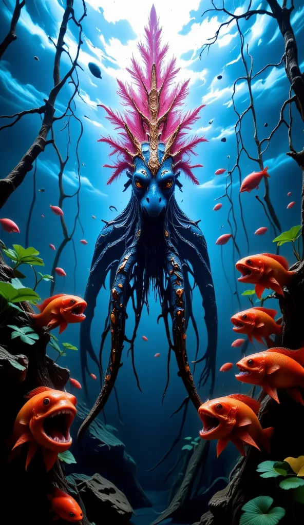 Unreal Creature: a giant peacock octopus. It has a lot of feathers on it, like a peacock bird.  All the feathers are moving.
Details: Underwater forest with bioluminescent algae.  
Time: day
Illumination: feathers glow with blue, red and gold tones.  
Addi...