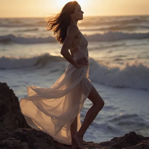 A full-body cinematic portrait of a woman standing on the edge of a jagged cliff that overlooks an expansive, turbulent ocean. The twilight hour is upon her, with the sky transitioning from golden hues to deep purples and navy blues, as the last traces of ...