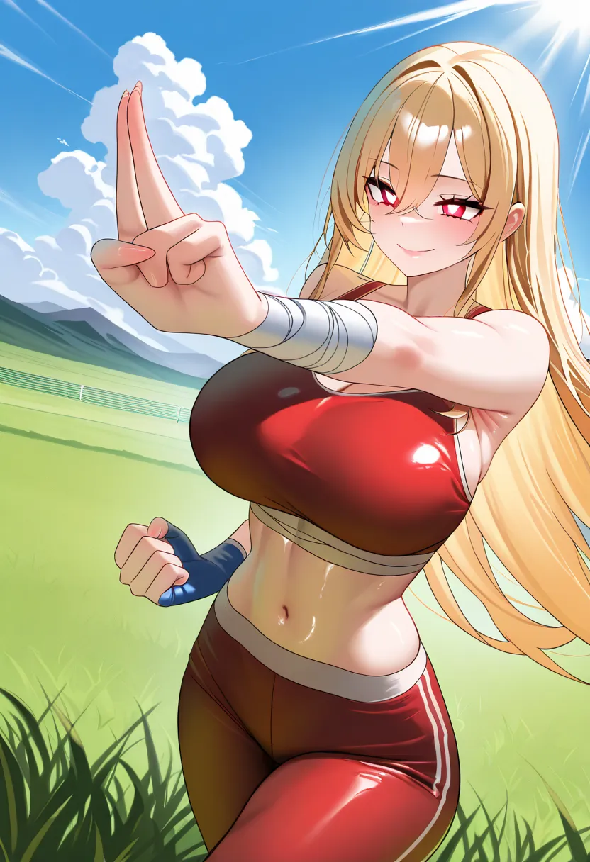  masterpiece ,  bandages , new ,  a girl,   looking at the spectator  ,   ,
monte_dama,  red eyes,  blond hair ,   long hair,  pierce hair,  Shiny pupils ,
  big breasts , Lips,  smile, heart with fingers , 
 outdoor, grass, landscape, cloud,  sunlight , f...