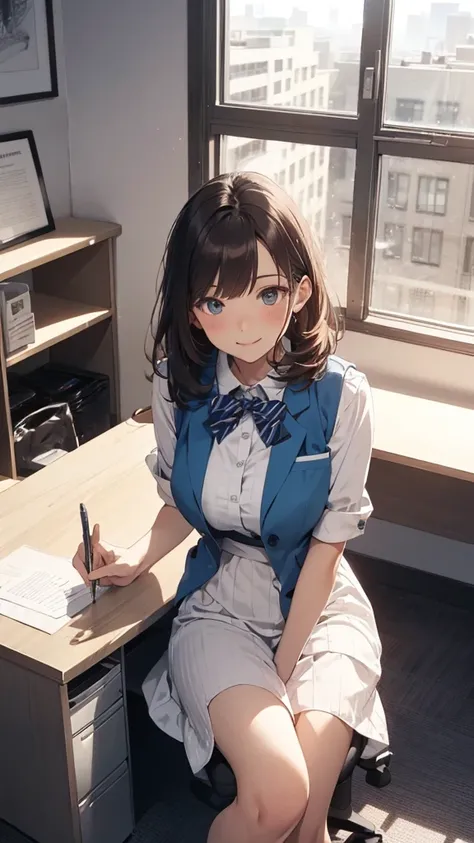 1lady solo, sitting, (from above), office worker, ((blue vest) over white dress shirt), mature female, /(dark brown hair/), kind smile, (masterpiece best quality:1.2) delicate illustration ultra-detailed, large breasts,bowtie BREAK (modern office) indoors,...