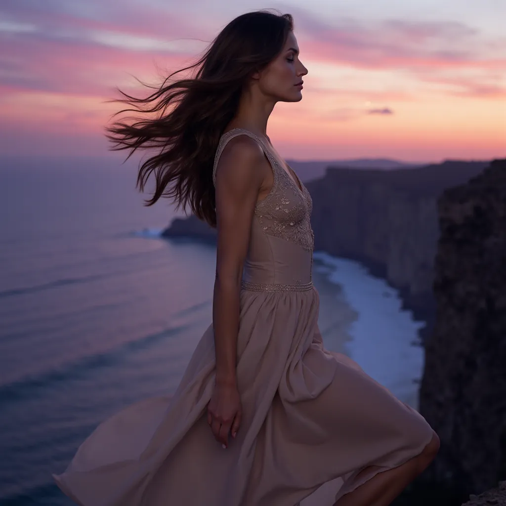 A cinematic full-body portrait of a woman standing on the edge of a craggy cliff overlooking a vast, endless ocean as twilight settles upon the world. The scene is ethereal, and the twilight sky is alive with deep shades of purple, crimson, and soft amber,...