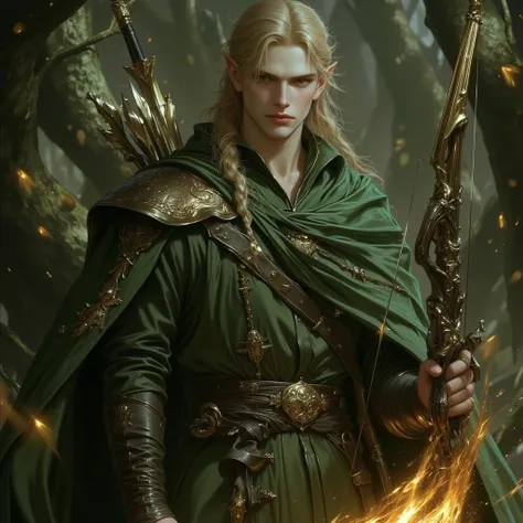 Dynamic angle, full body view, realistic, male human ranger, long, braided hair, lightweight leather armor, forest cloak, The Lord of the Rings universe, piercing green eyes, watchful gaze, looking at viewer, glowing elven bow, ancient forest, gold leaf de...