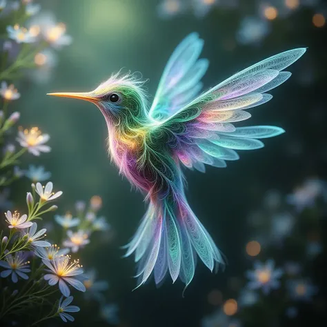 hummingbird, whose feathers consist of jewel-toned emerald, ruby and sapphire crystals, surrounded by topaze-colored flowers.