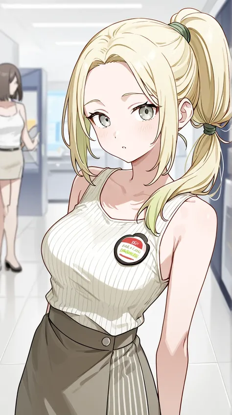 Blonde woman HR employee, light green and gray eyes, HR employee's hair tied in a ponytail, HR employee's ribbed white tank top, beige HR employee skirt, All the hair tied back in a ponytail with no hair falling loose, employee badge