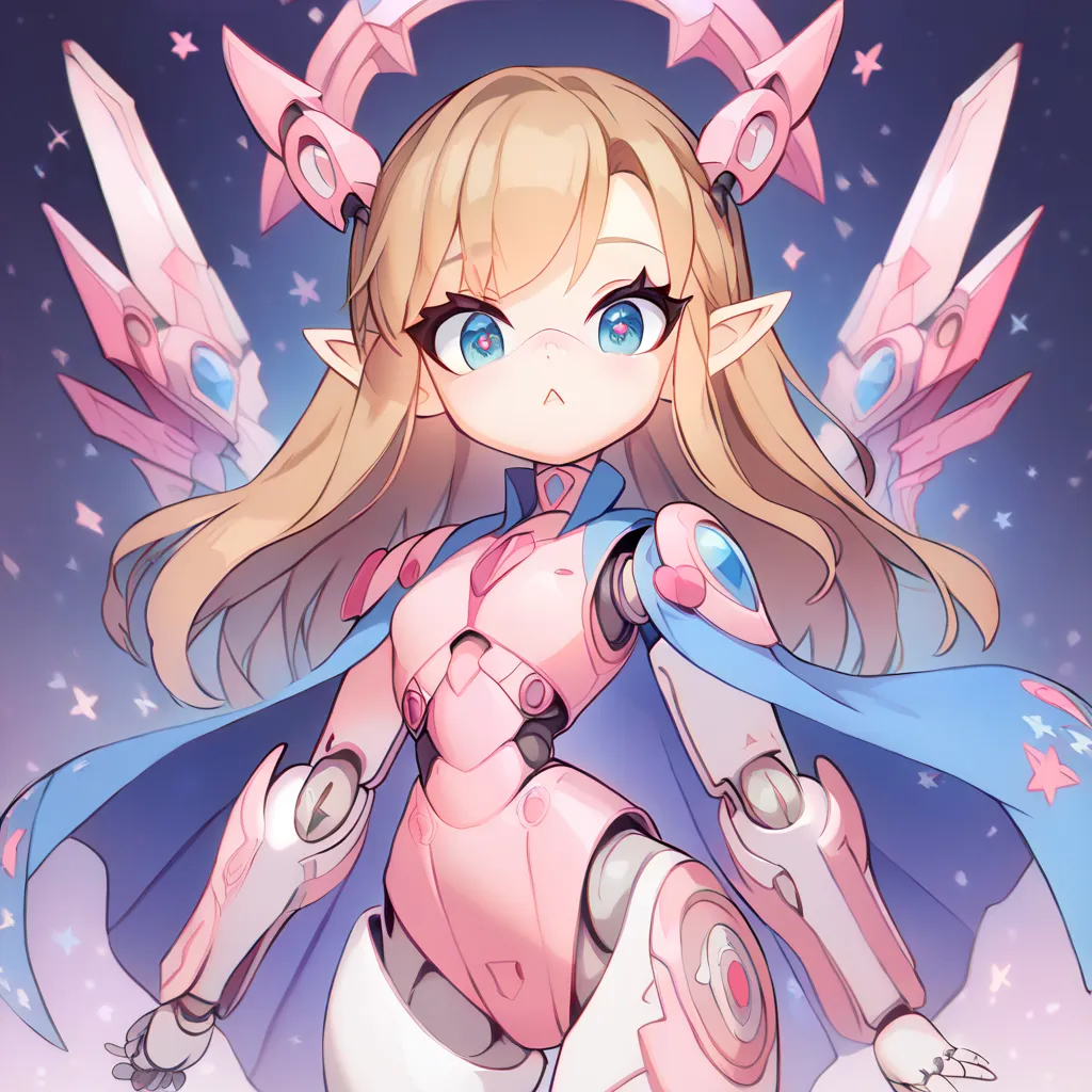 score_9, score_8_up, score_7_up, ((Masterpiece)), ((highres)), (1girl), a detailed cyborg girl, long brown hair, cybernetic waist cape, beautiful anime eyes, pink cyborg armor, cyberntic horns, (((cybirg joints))), defined elf ears, defined eyes, blue iris...