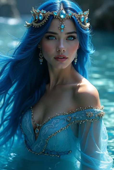 A stunning Persian water goddess with flowing hair in shades of deep sapphire blue, her eyes a mesmerizing cerulean, embodying divine beauty and grace. She is adorned in intricate, shimmering aquatic-themed attire that reflects the elegance of ancient Pers...