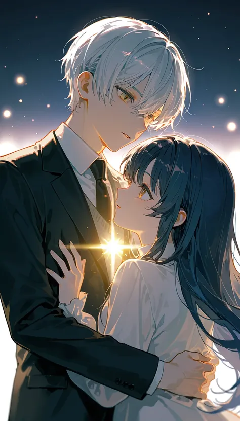 Two people　One person、 is short　Shota　female　 cute　Silver Hair　Golden Eyes　 short　 second person 、Tall　male　Dignified　Dark Blue Hair　 Brown Eyes　 facing each other 