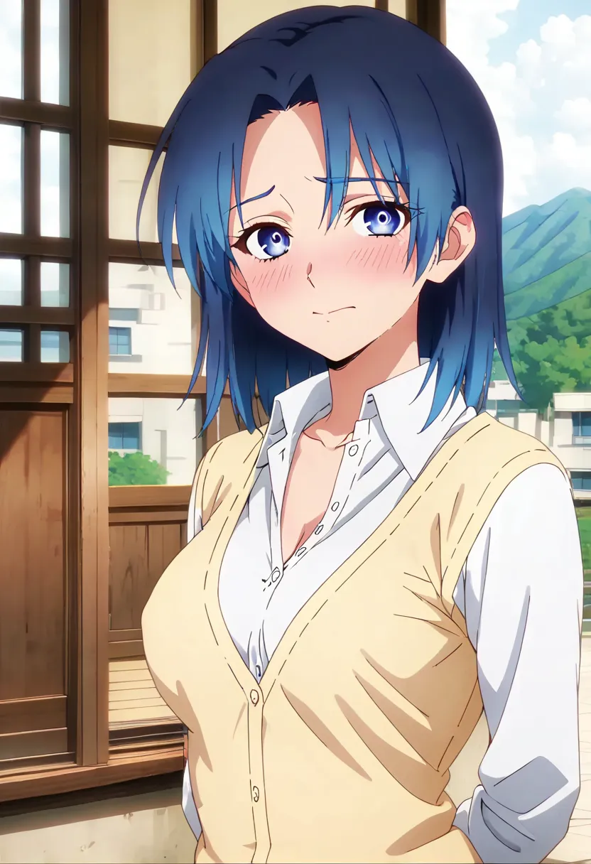 (anime screencap, masterpiece, best quality), Intricate details, indirect lighting, upper body, (Focus on the breasts), looking at viewer, sitting, full body, 1girl, medium breasts, (covered nipples:0.7), blue hair, blue eyes, blush, be shy of, school unif...