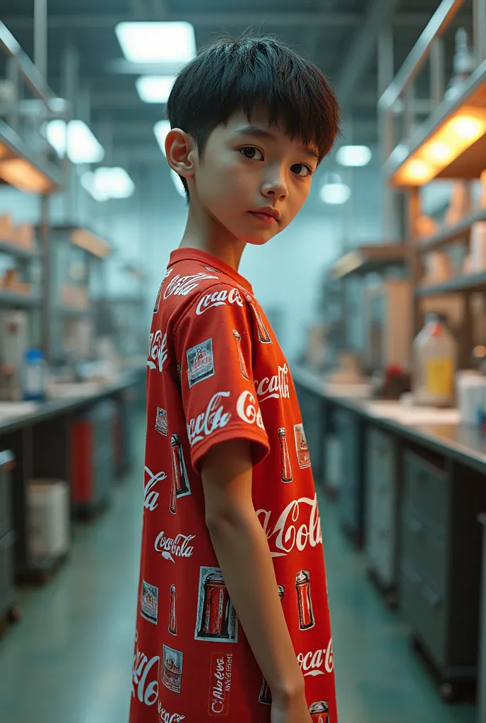 3D detailed of a boy wearing coca cola dress side clothes name with HIwa on shoulder  in a laboratory on a beautiful factory. 
