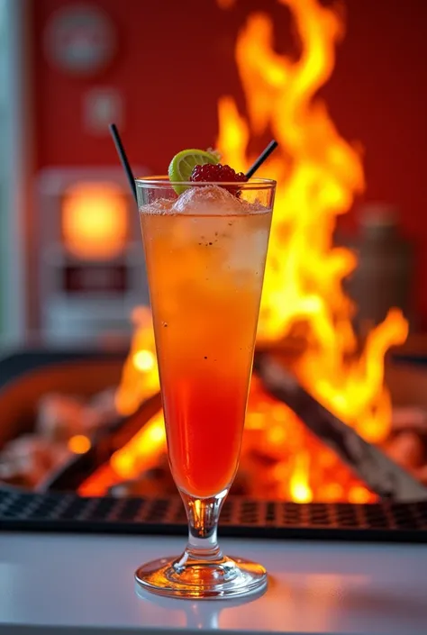 Cocktail with bonfire in the background 