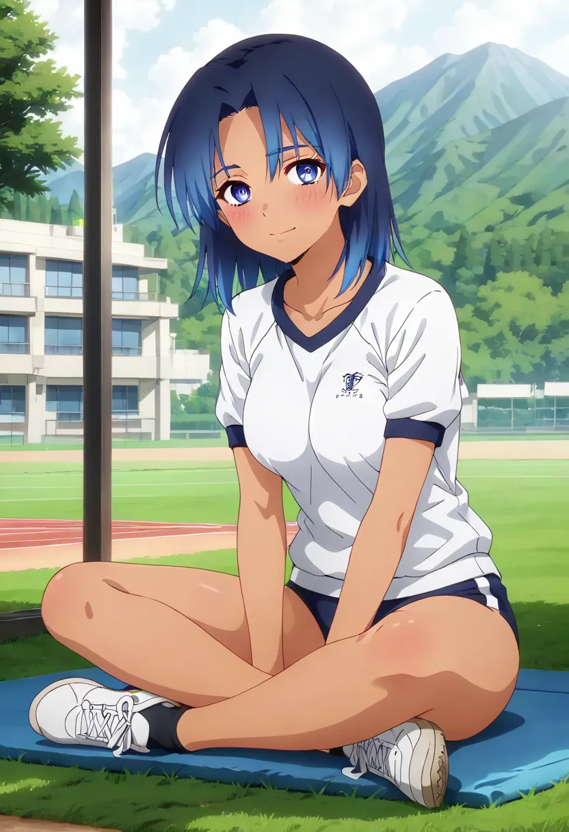 (anime screencap, masterpiece, best quality), Intricate details, indirect lighting, upper body, (Focus on the breasts), looking at viewer, sitting, full body, 1girl, medium breasts, (covered nipples:0.7), blue hair, blue eyes, blush, tan, gym uniform, outd...