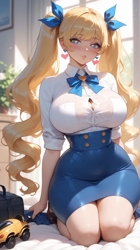 score_9, score_8_arriba, score_7_ 1,  a blonde girl ( Top blanco) ( pigtails with blue ribbons ),  shirt (  talleed  ) long hair, blue skirt,  breasts, blush, throw, big ass, big breast, wasp waist with wide hips, high resolution, kneeling with heart-shape...