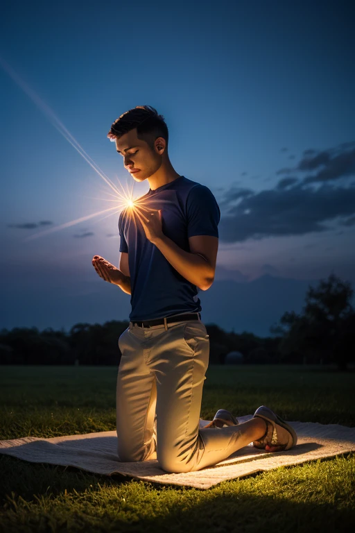 male person kneeling praying under a radiant sky and a light reflecting it