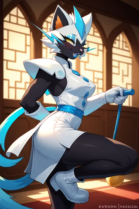 Furry, solo, anthropomorphic character, zeraora, a parody of tasque manager from deltarune, queen's mansion background, deltarune setting, [She has a white, diamond-shaped head, big yellow eyes with two long eyelashes, and a crescent-shaped mouth. From the...