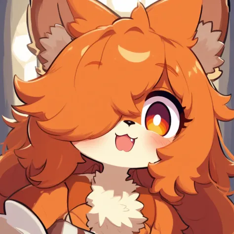 Fox girl, Queen,  wavy orange hair, long and with a tuft covering his left eye, And his orange right eye, The brown upper part of the osico and its light brown skin, Taking a selfie