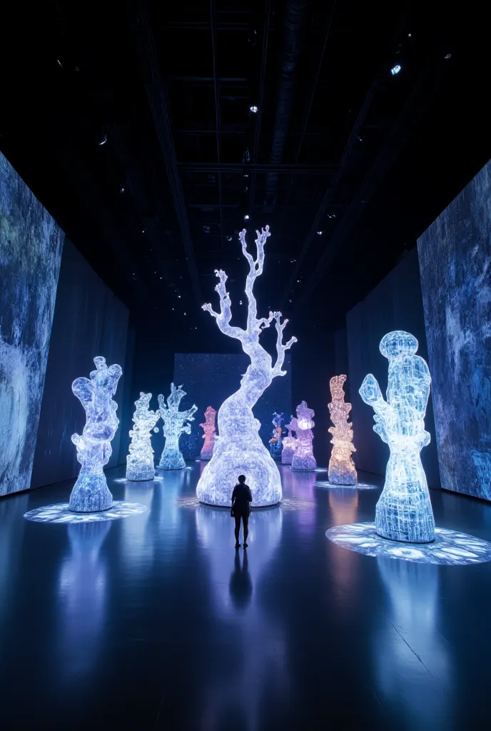 A grand virtual art gallery suspended in a vast, dark void, illuminated only by the soft glow of holographic sculptures. Each sculpture is an abstract form, blending organic and mechanical elements, constantly changing shape and color. One piece resembles ...