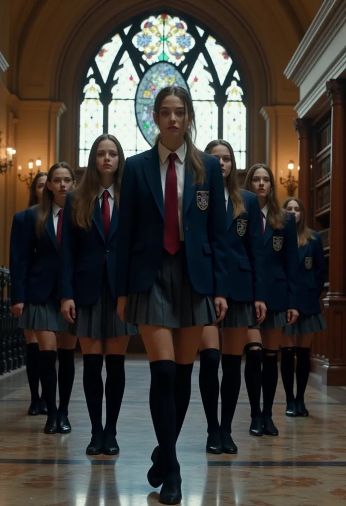 A group of young women, elegantly dressed in the prestigious uniform of Queen’s Crest Academy, stand in perfect formation within a grand, Gothic-style school hallway. | Their navy blue blazers are slightly unbuttoned, revealing crisp white shirts with loos...