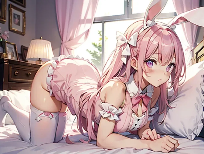 pink hair，Two long ears like a rabbit，and a tail like a rabbit. Pink eyes， pink lolita ，white socks，Pink bows ，Inside the room， kneeling on all fours in bed