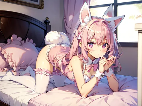 pink hair，Two long ears like a rabbit，and a tail like a rabbit. Pink eyes， pink lolita ，white socks，Pink bows ，Inside the room， kneeling on all fours in bed