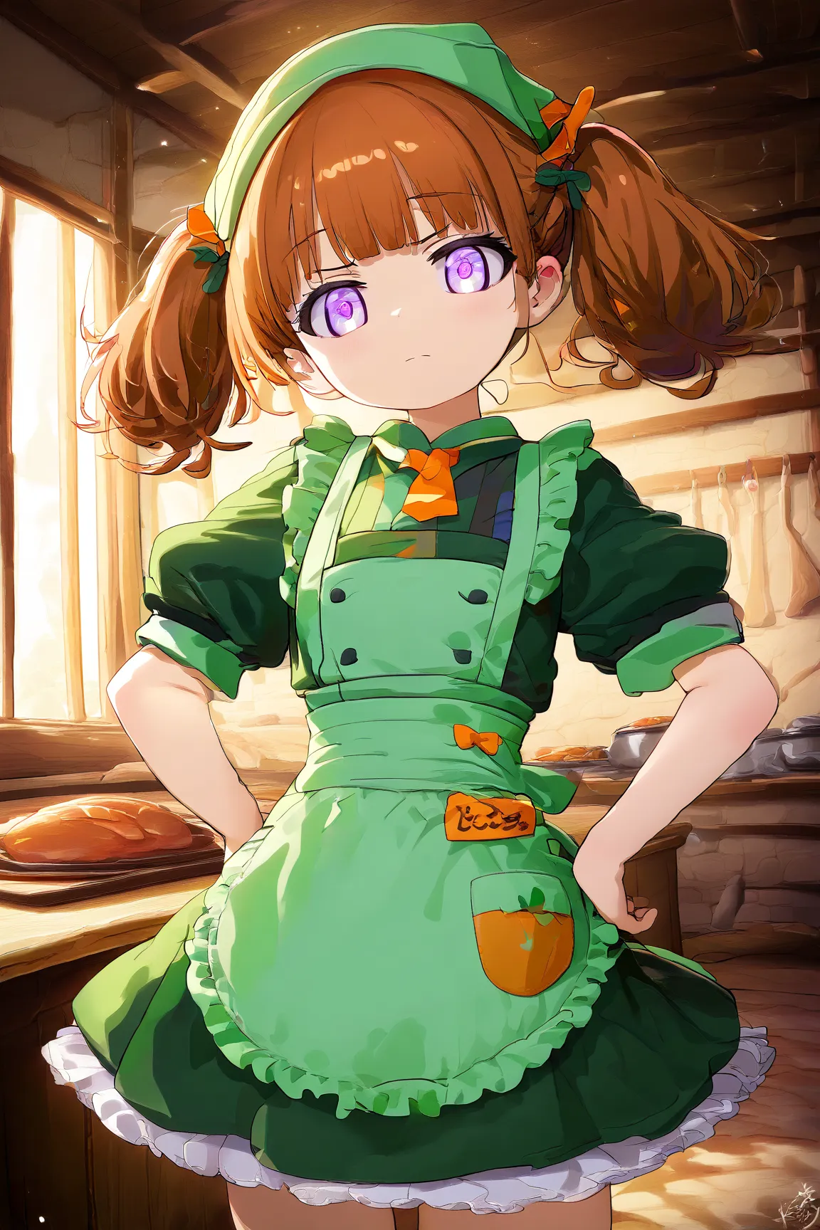 1girl.brown twintails,medieval waitress outfit,hands on her hips,anime