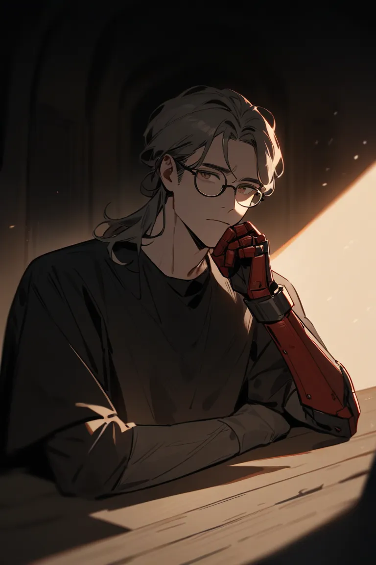 man, high, with glasses,  hair tidy, black shirt,  black pants, with a modified red arm